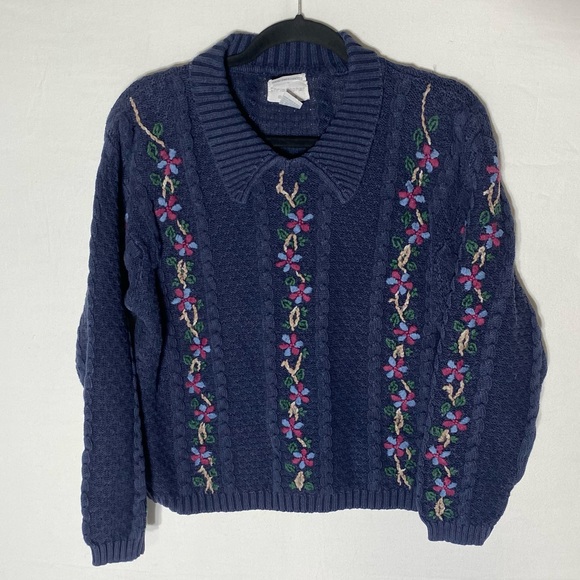 Vintage Christopher & Banks Floral Hand Embroidered Navy Cotton Sweater Ramie M - Picture 15 of 15